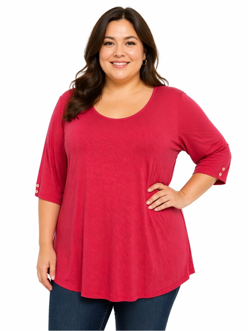 Red Scoop Neck Tunic Top XL Flowy Stretch Casual 3/4 Sleeve
